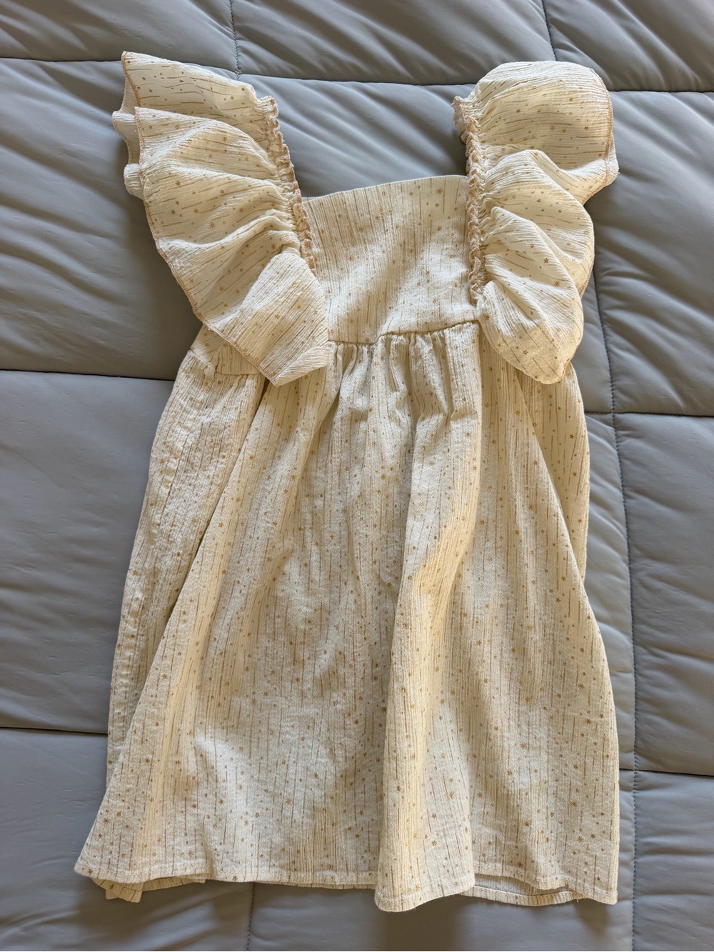 Girls Cream Ruffle Strap Dress with Gold Flecks